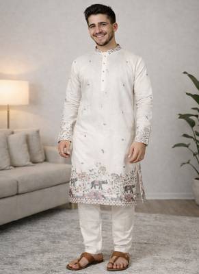 off white linen kurta pajama with sequins work 4