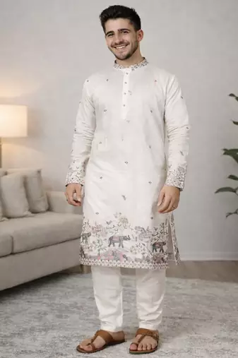 off white linen kurta pajama with sequins work