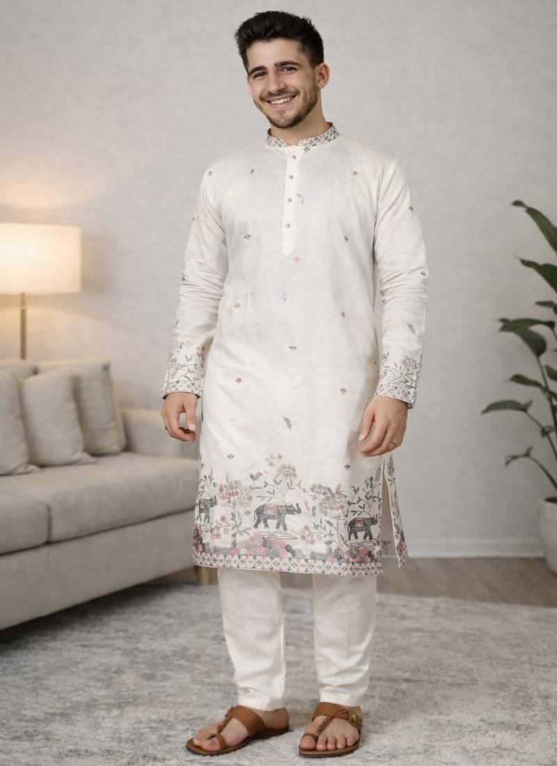 Off white color embroidery sequence work linen cotton kurta payjama set