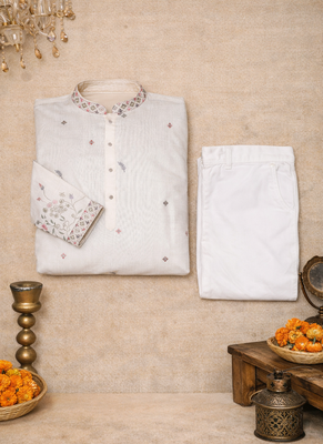 off white linen kurta pajama with sequins work 5