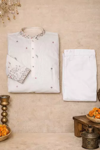 off white linen kurta pajama with sequins work