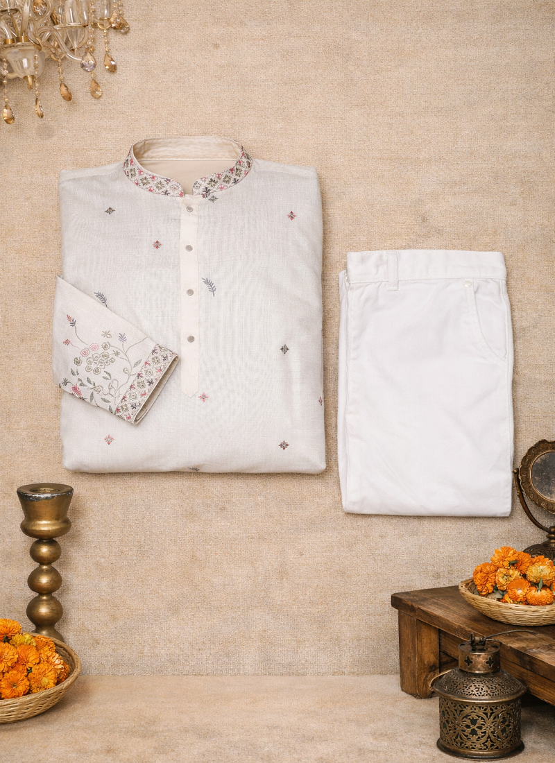 Off white color embroidery sequence work linen cotton kurta payjama set