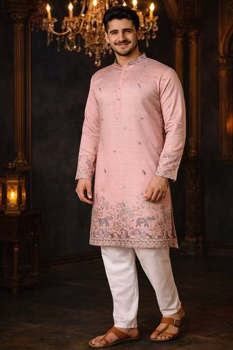 Pink color embroidery sequence work linen cotton kurta payjama set
