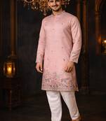 Pink color embroidery sequence work linen cotton kurta payjama set