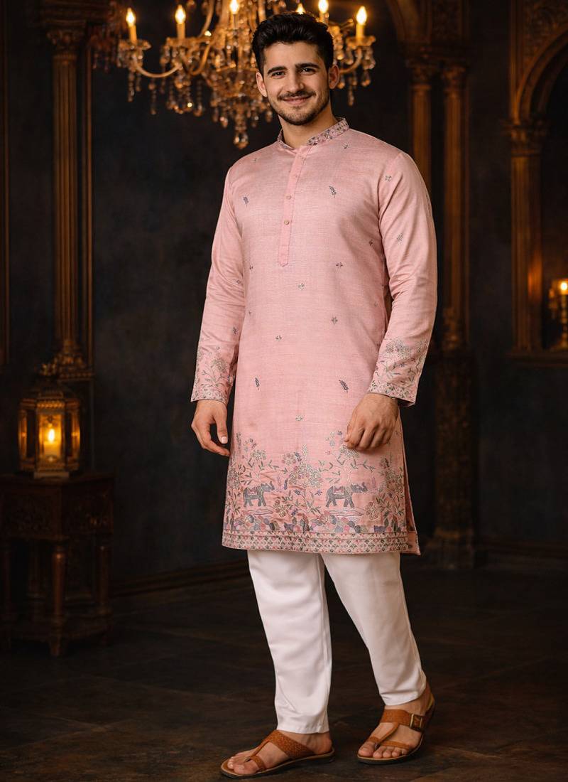 Pink color embroidery sequence work linen cotton kurta payjama set
