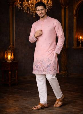 pink linen kurta pajama with sequins work 2