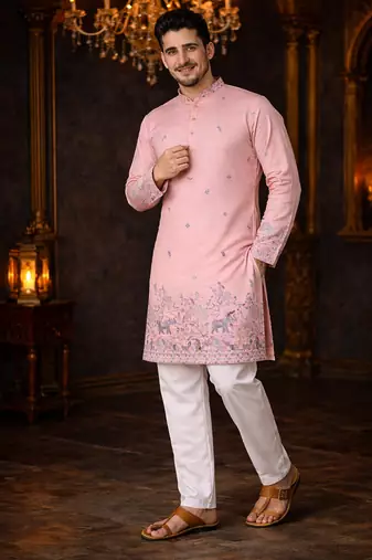 pink linen kurta pajama with sequins work
