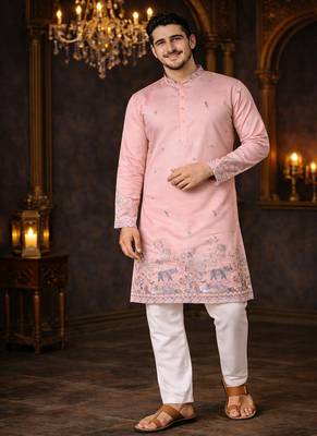 pink linen kurta pajama with sequins work 3