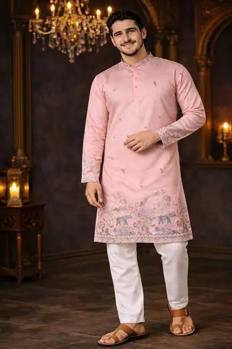 pink linen kurta pajama with sequins work
