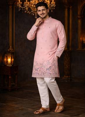 pink linen kurta pajama with sequins work 4