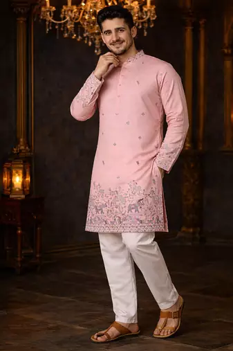 pink linen kurta pajama with sequins work