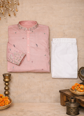 pink linen kurta pajama with sequins work 5