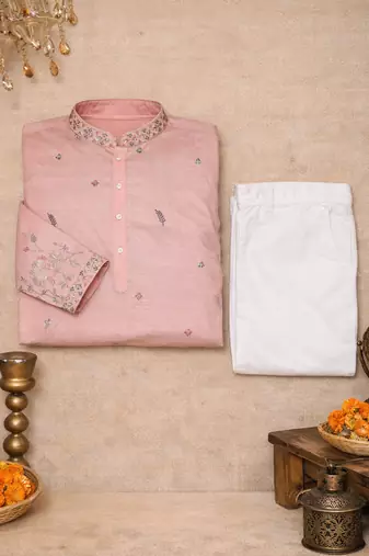 pink linen kurta pajama with sequins work