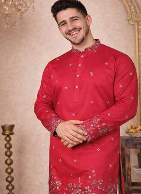 rani pink linen kurta pajama with sequins work 1