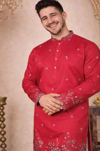 Rani pink color embroidery sequence work linen cotton kurta payjama set