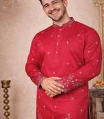 Rani pink color embroidery sequence work linen cotton kurta payjama set