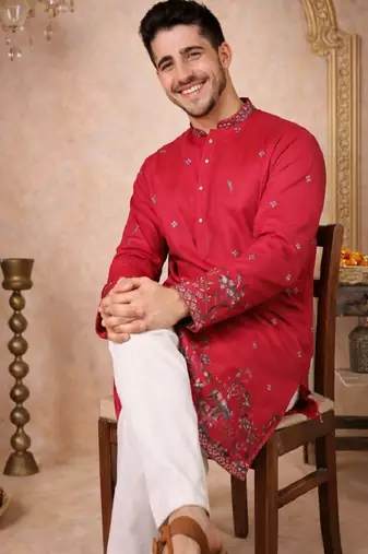 rani pink linen kurta pajama with sequins work