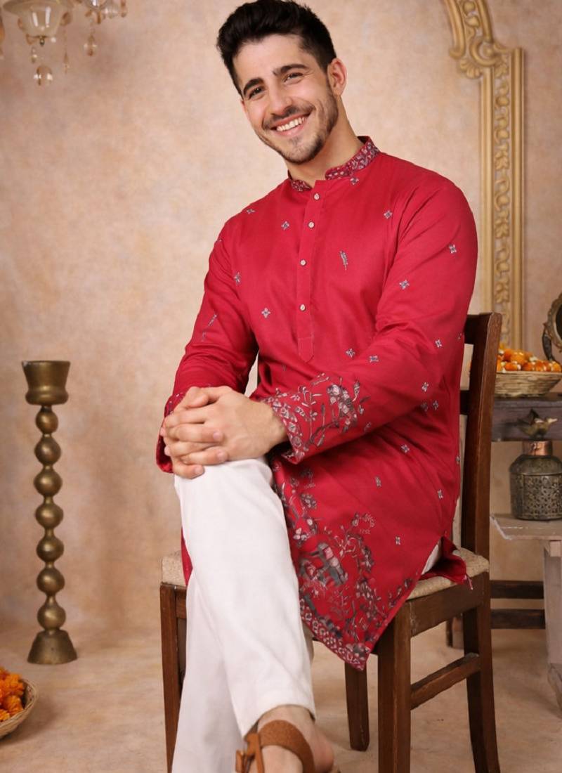 Rani pink color embroidery sequence work linen cotton kurta payjama set