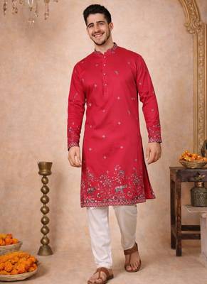 rani pink linen kurta pajama with sequins work 3