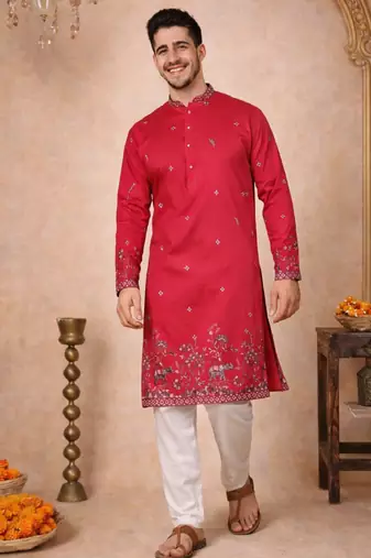 rani pink linen kurta pajama with sequins work