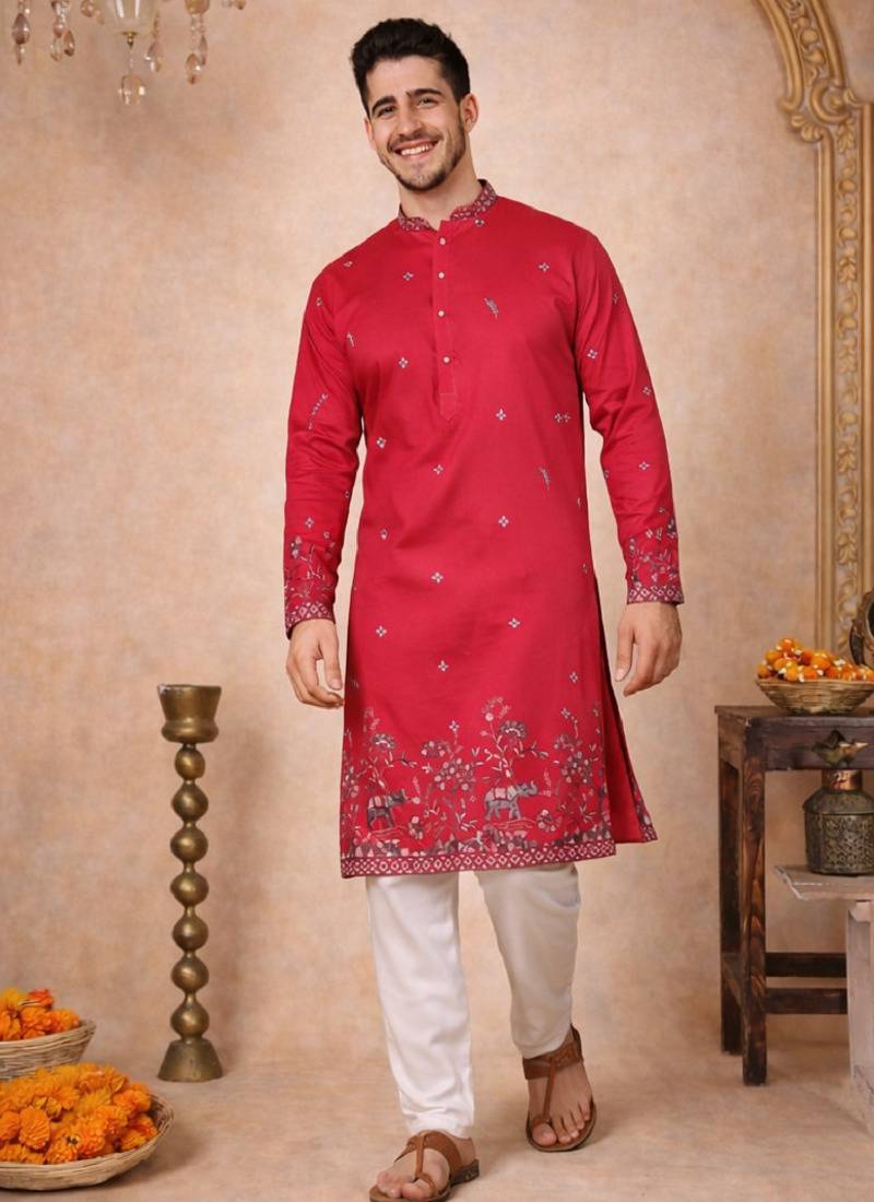 Rani pink color embroidery sequence work linen cotton kurta payjama set