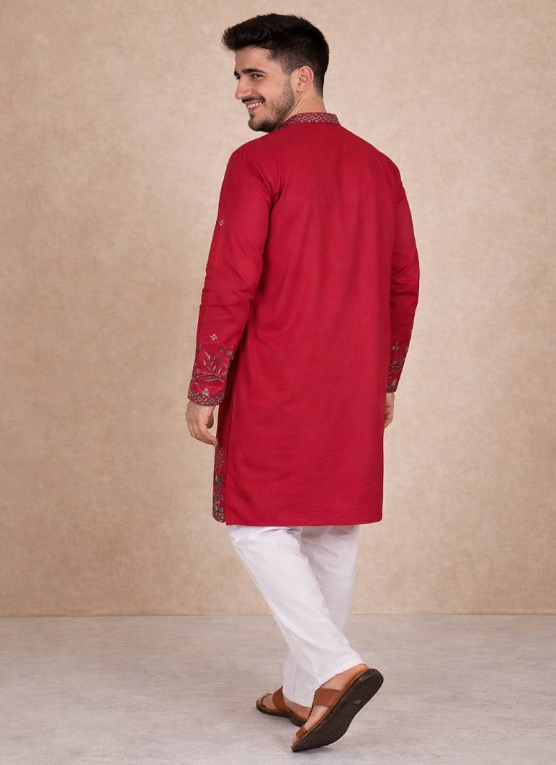 Rani pink color embroidery sequence work linen cotton kurta payjama set