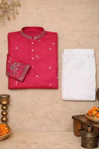 rani pink linen kurta pajama with sequins work