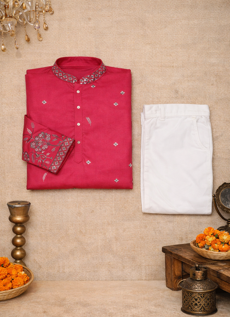 Rani pink color embroidery sequence work linen cotton kurta payjama set