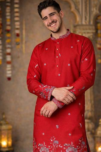 Red color embroidery sequence work linen cotton kurta payjama set