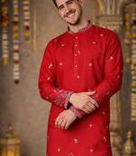 Red color embroidery sequence work linen cotton kurta payjama set