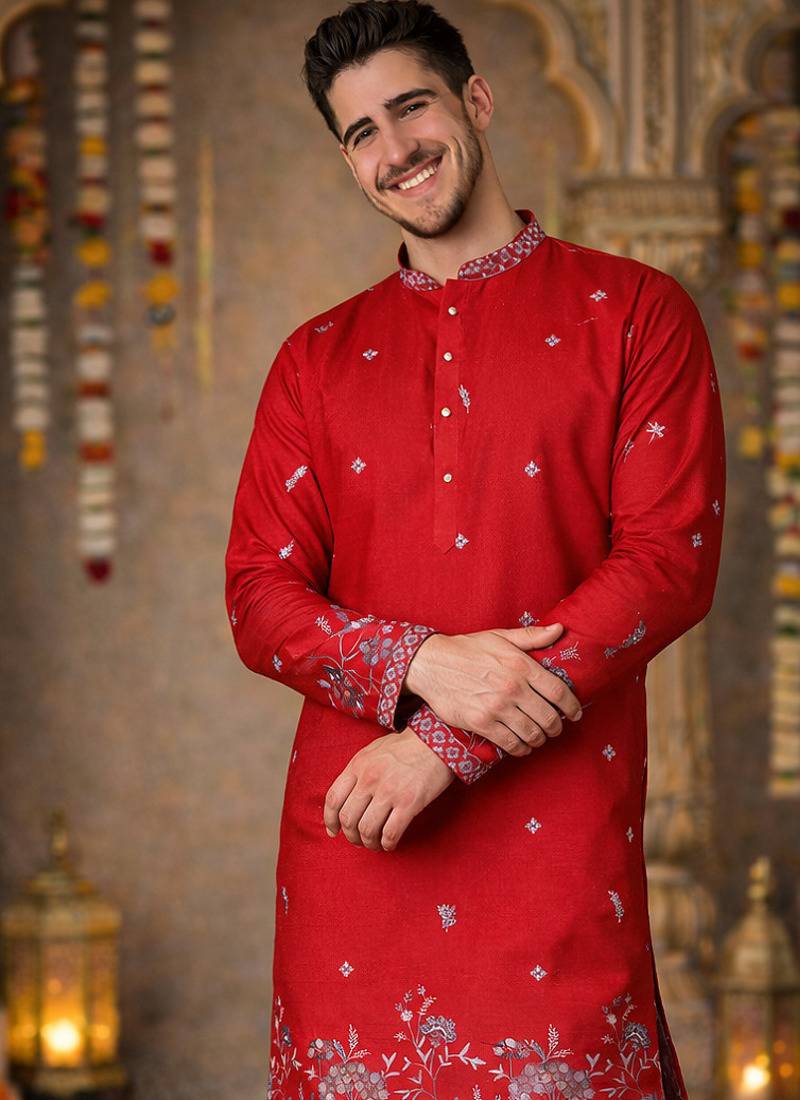 Red color embroidery sequence work linen cotton kurta payjama set