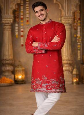 red linen kurta pajama with sequins work 2