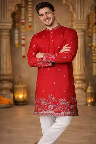 red linen kurta pajama with sequins work