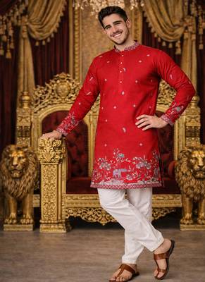 red linen kurta pajama with sequins work 3