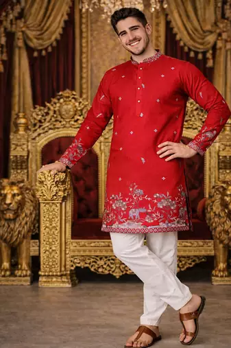 red linen kurta pajama with sequins work