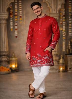 red linen kurta pajama with sequins work 4