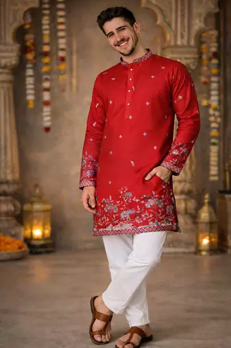 red linen kurta pajama with sequins work