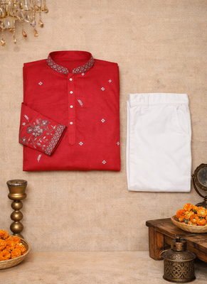 red linen kurta pajama with sequins work 5