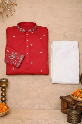 red linen kurta pajama with sequins work