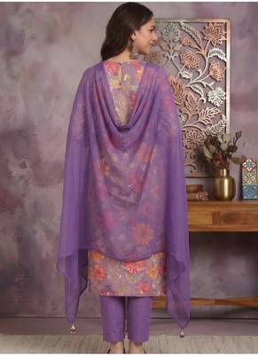 Yash gallery women's purple cotton floral print straight kurta with pant and duptta (purple) 2