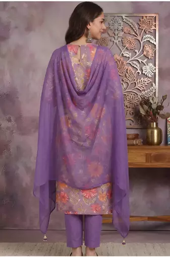Yash gallery women's purple cotton floral print straight kurta with pant and duptta (purple)