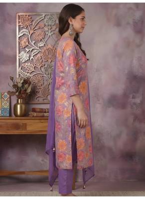 Yash gallery women's purple cotton floral print straight kurta with pant and duptta (purple) 3