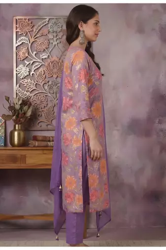 Yash gallery women's purple cotton floral print straight kurta with pant and duptta (purple)