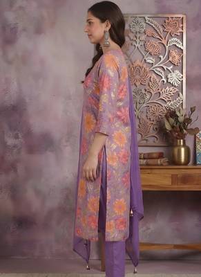 Yash gallery women's purple cotton floral print straight kurta with pant and duptta (purple) 4