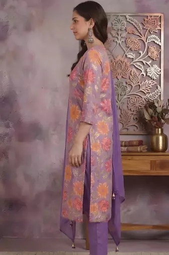 Yash gallery women's purple cotton floral print straight kurta with pant and duptta (purple)