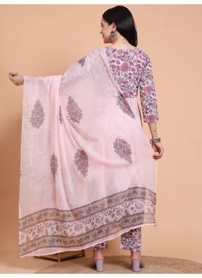 Yash gallery women's pink cotton dobby printed anarkali kurta set with pant & dupatta 2