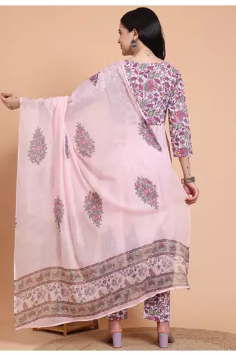 Yash gallery women's pink cotton dobby printed anarkali kurta set with pant & dupatta