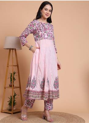 Yash gallery women's pink cotton dobby printed anarkali kurta set with pant & dupatta 3