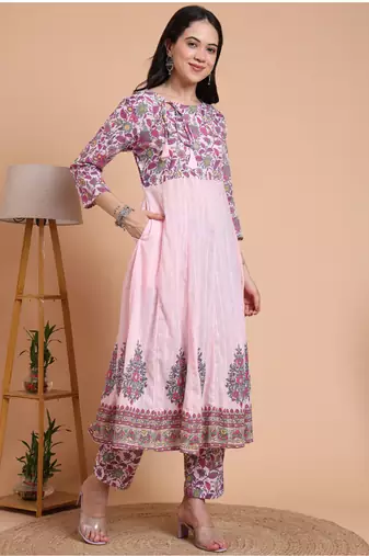 Yash gallery women's pink cotton dobby printed anarkali kurta set with pant & dupatta