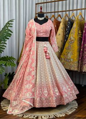 Peach Chikankari Embroidered Crush Silk Lehenga Choli with Dupatta 1